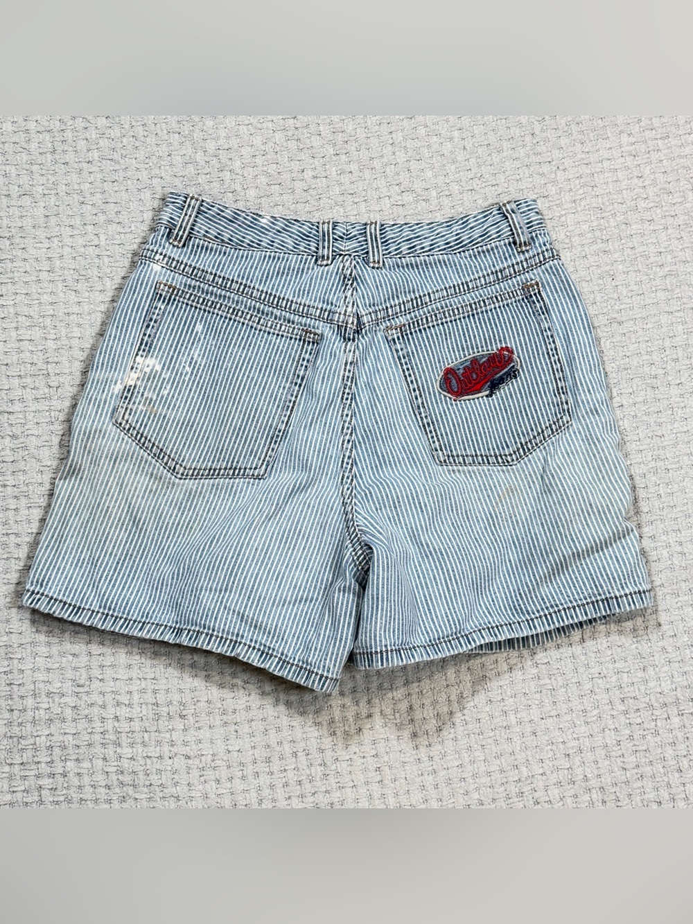 Vintage Beat Up Stained Outlaw Jean Shorts Blue White Striped USA Size 9